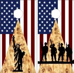 American Flag Statue Of Liberty And Soldiers Cornhole Wraps - Set Of 2