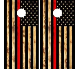American Flag Burnt Wood Red Stripe Version 2 Cornhole Wraps - Set Of 2