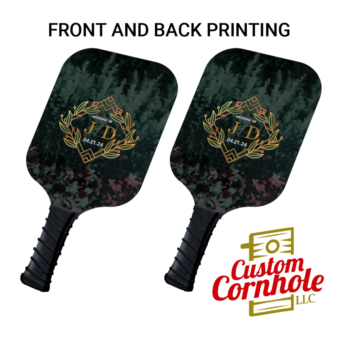 Custom Gold Flower Wedding Monogram And Date Pickleball Paddle Set 3 Custom Gold Flower Wedding Monogram And Date Pickleball Paddle Set