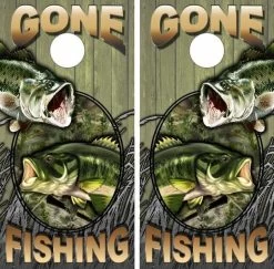 Gone Fishing Wood Version Cornhole Wraps - Set Of 2