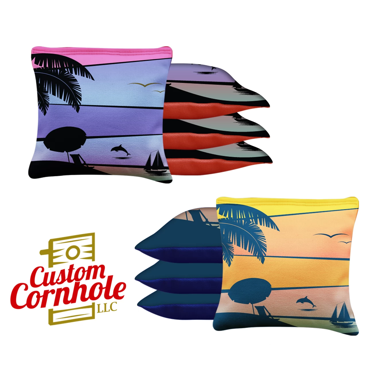 Orange Purple Dolphin Beach Tournament Cornhole Bags - Set Of 8 3 Orange Purple Dolphin Beach Tournament Cornhole Bags - Set Of 8