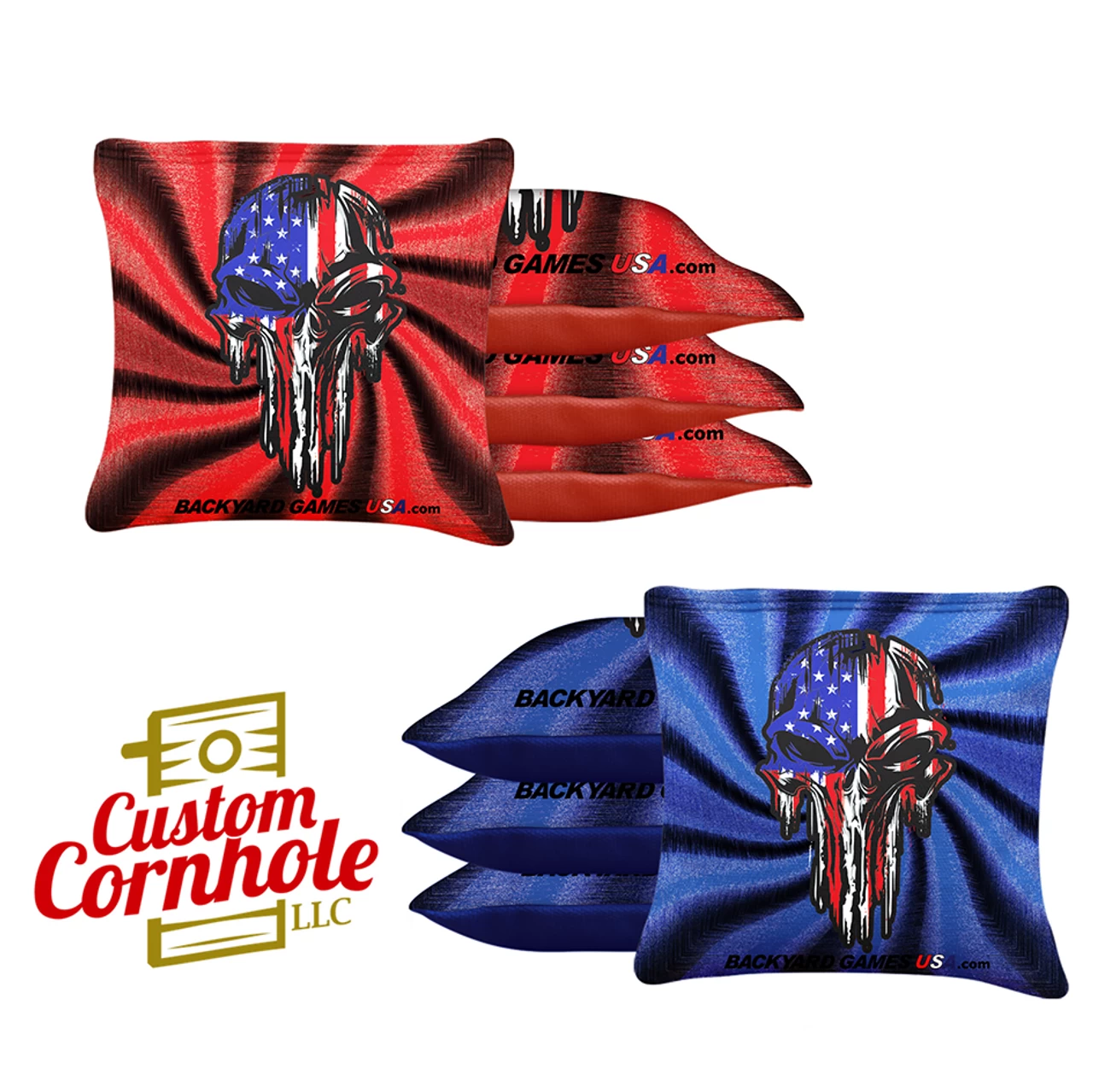 Red Blue Skull Tournament Cornhole Bags - Set Of 8 3 Red Blue Skull Tournament Cornhole Bags - Set Of 8