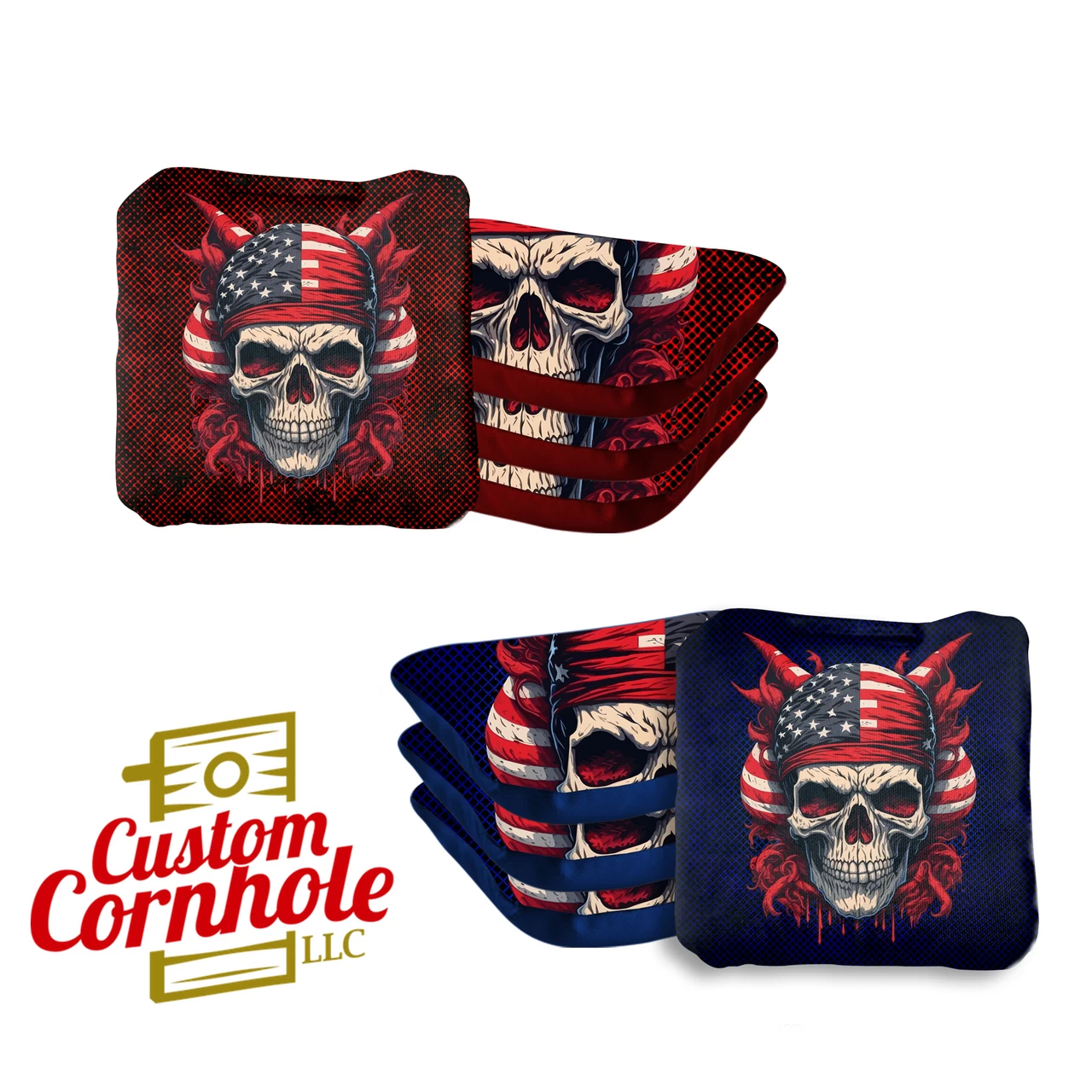 Skull Red Blue Professional Cornhole Bags - Set Of 8 3 Skull Red Blue Professional Cornhole Bags - Set Of 8