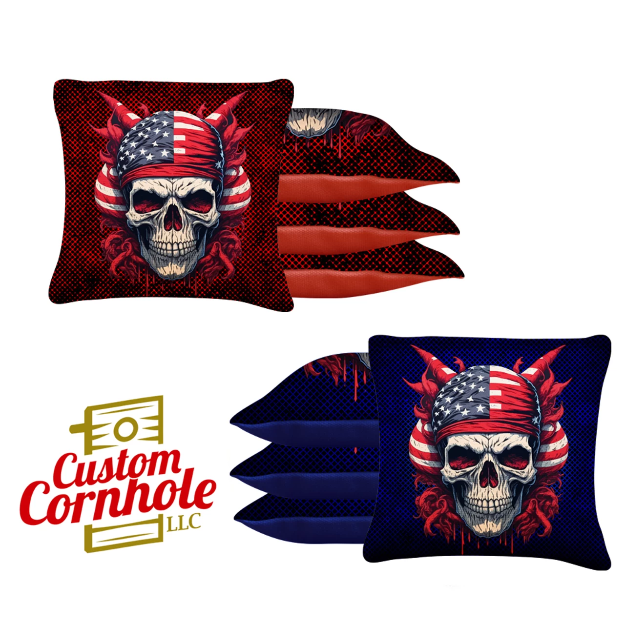 Skull Red Blue Tournament Cornhole Bags - Set Of 8 3 Skull Red Blue Tournament Cornhole Bags - Set Of 8