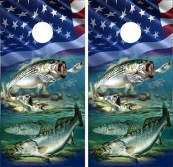 Striped Bass Rock Fish And Trout With Flag Cornhole Wraps - Set Of 2