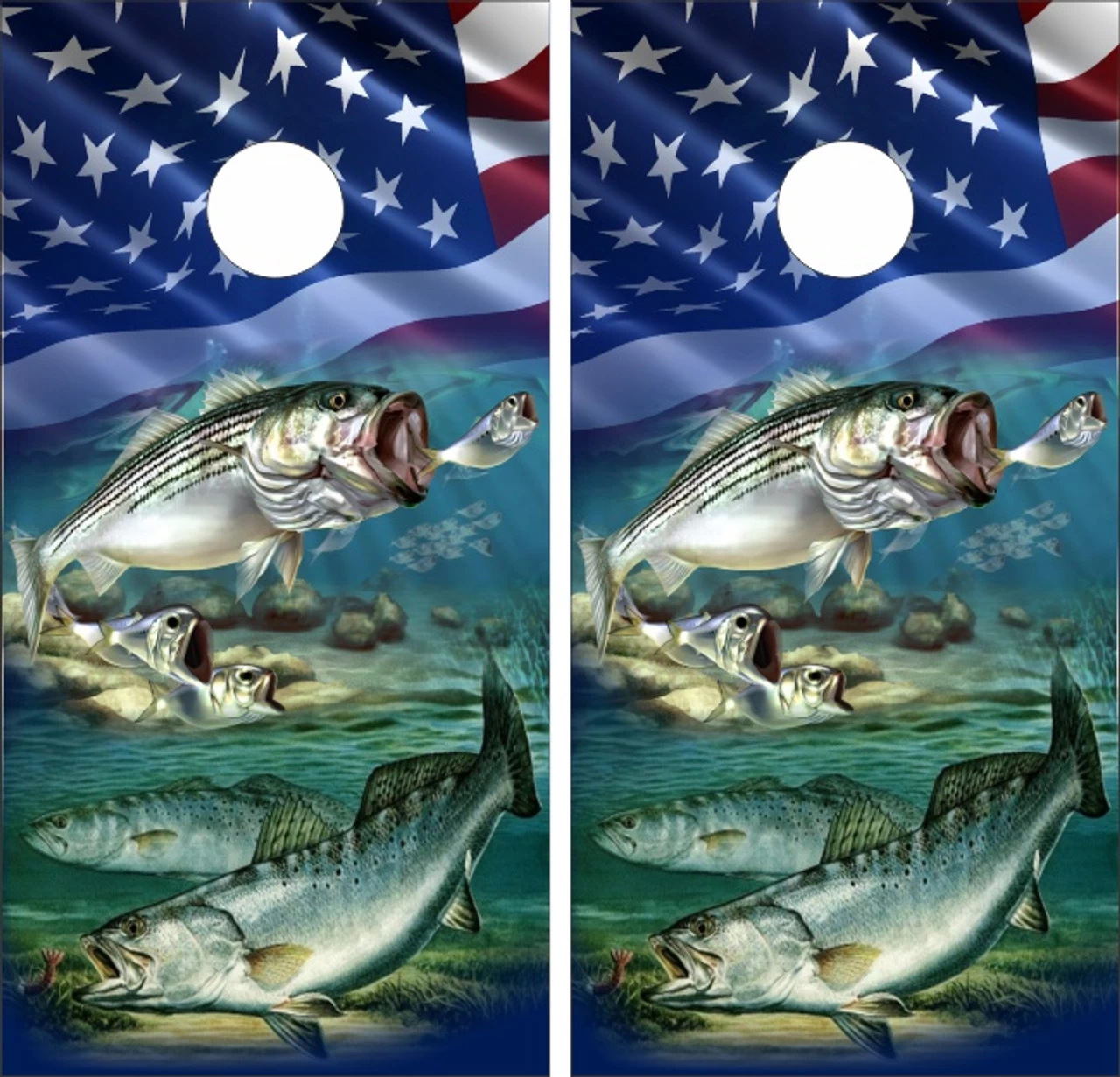 Striped Bass Rock Fish And Trout With Flag Cornhole Wraps - Set Of 2 3 Striped Bass Rock Fish And Trout With Flag Cornhole Wraps - Set Of 2