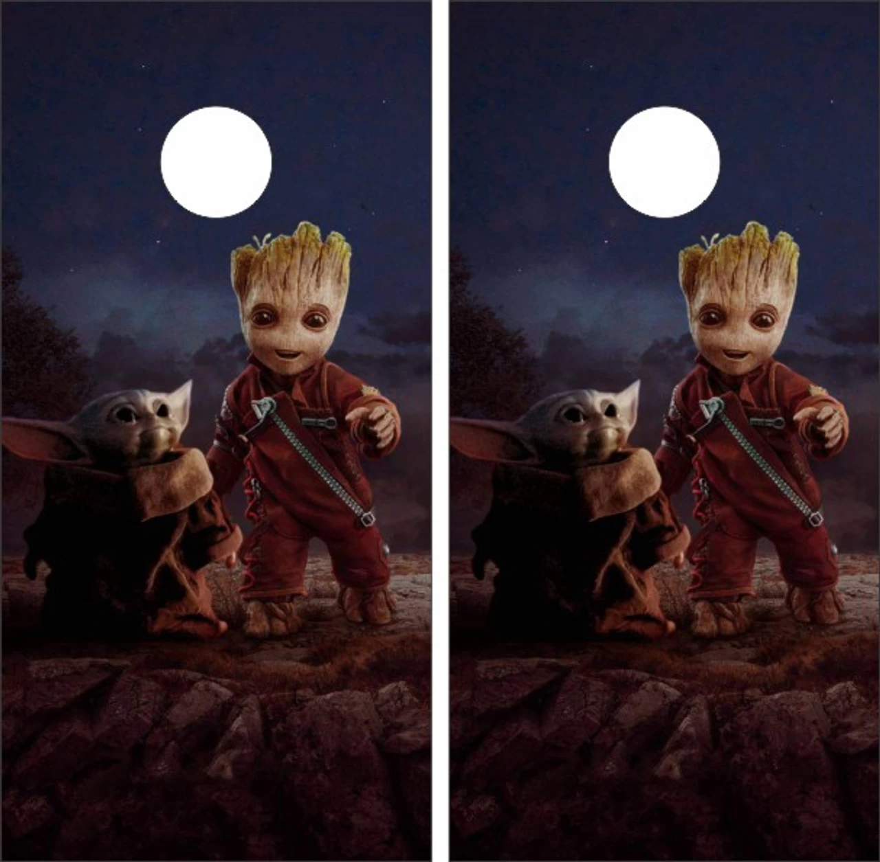 Baby Groot And Baby Yoda Cornhole Wraps - Set Of 2 3 Baby Groot And Baby Yoda Cornhole Wraps - Set Of 2